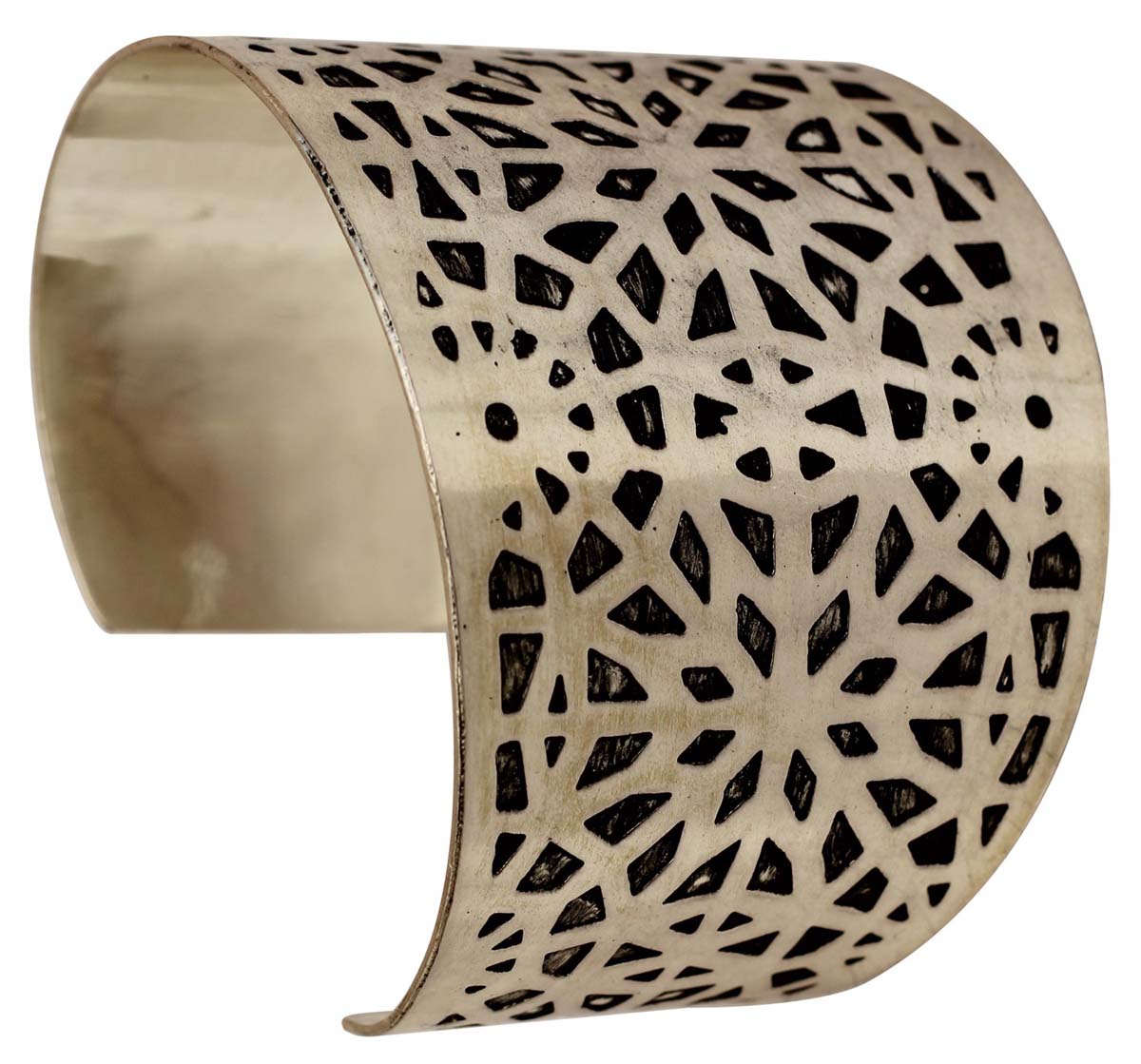 Wholesale Bracelets from India – Antique-Look 2.17" Cuff Bracelet – Cast in Brass – Nickel Plated & Black Shading – Abstract Pattern – Bracelets in Bulk